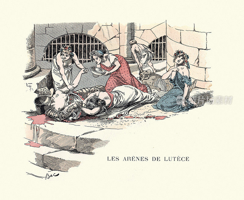 Women mournering a fallen Gladiator in the Ancient Roman arena, Arènes de Lutèce, Ancient History